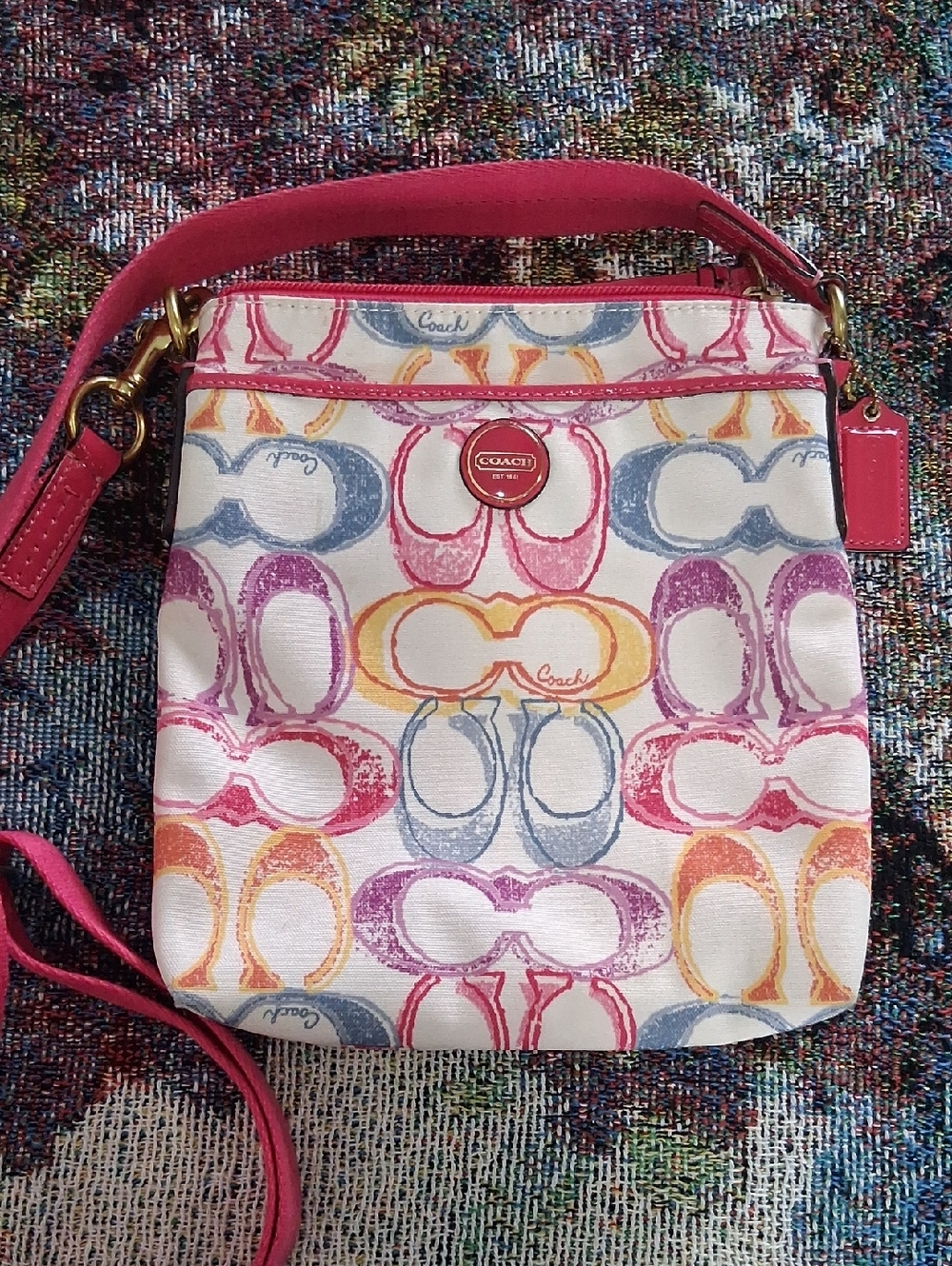 Coach Multicolor Signature Crossbody Bag with Pink Trim